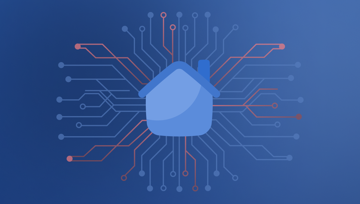 Blue house icon with circuitry lines extending outward on a blue background. Represents smart home technology. Tech and connectivity theme.