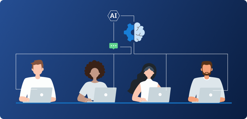 Illustration of four diverse individuals working on laptops, connected to a cloud-like AI icon. The setting conveys teamwork and innovation.