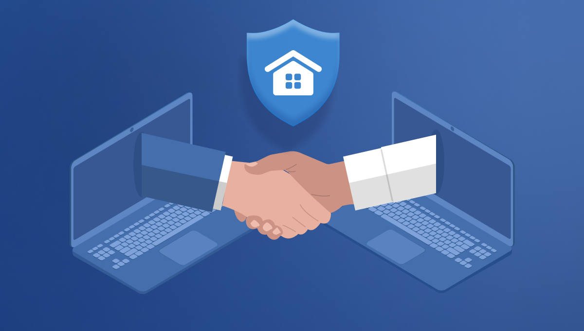 Two hands, one with a dark suit and the other a white sleeve, shake in front of two laptops. A blue shield with a house icon is above them.