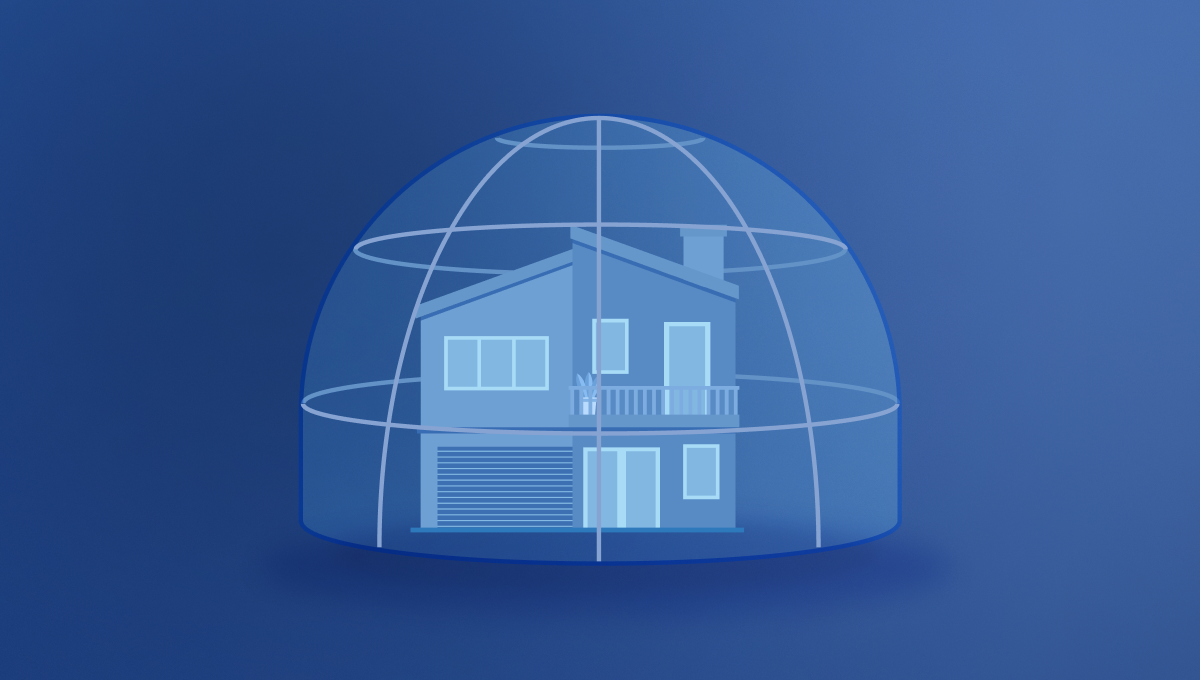 A simple blue house illustration is enclosed within a transparent dome on a blue background, symbolizing protection and security. The mood is calm and safe.