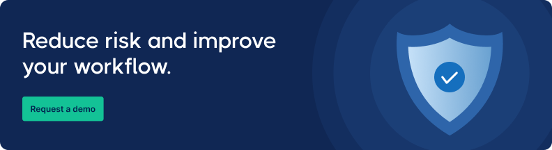 Blue banner with text "Reduce risk and improve your workflow." A shield icon symbolizes protection. A green button reads "Request a demo."