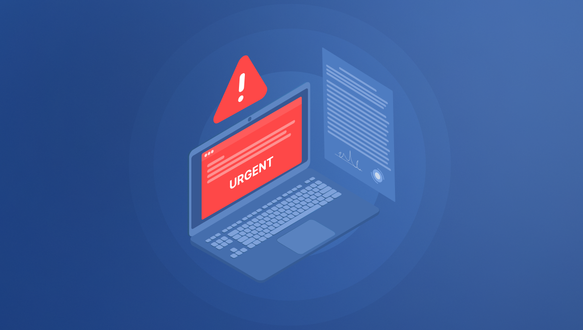 Illustration of a laptop with a red warning screen displaying "URGENT." A red triangular alert icon hovers above, conveying a sense of urgency.