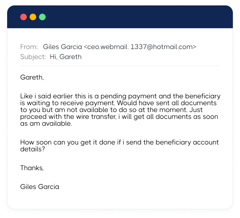 Example of a business email compromise scam requesting a wire transfer from a fake executive.