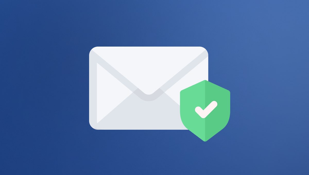 An envelope icon with a green shield and checkmark is on a blue background, symbolizing secure email communication.