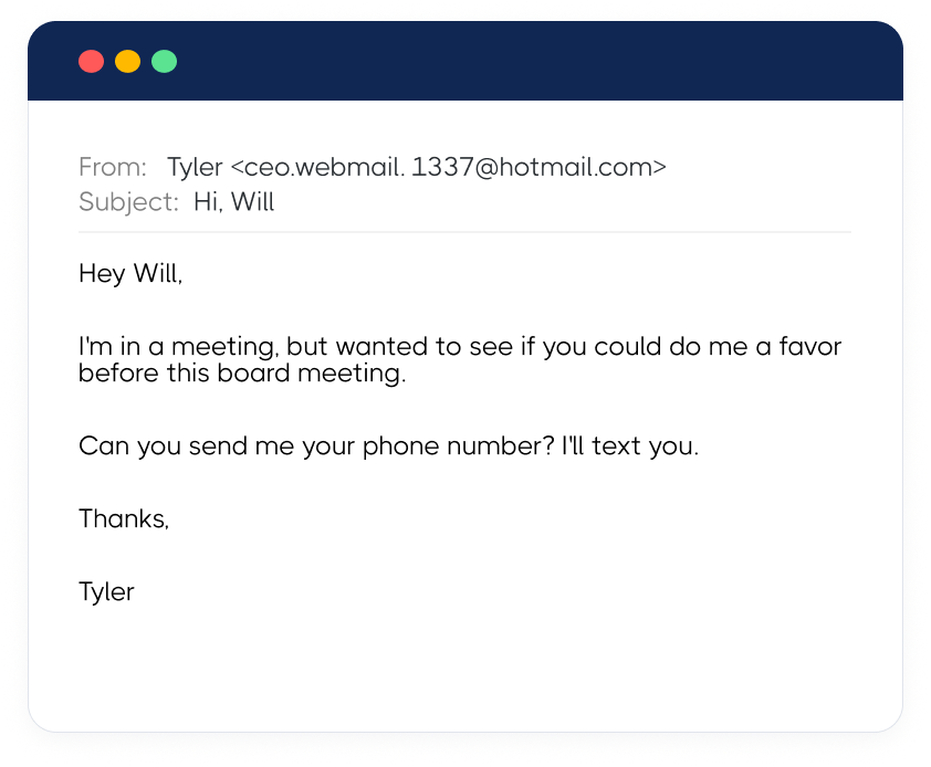 Email screenshot with the subject "Hi, Will" from Tyler, requesting Will's phone number for texting before a board meeting, suggesting urgency.