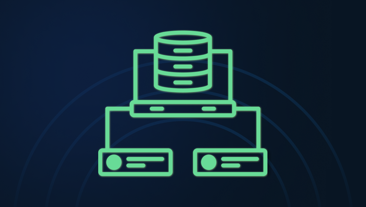 A green, glowing database icon on a dark blue background. It shows a central server connected to two smaller nodes, resembling a network flowchart.