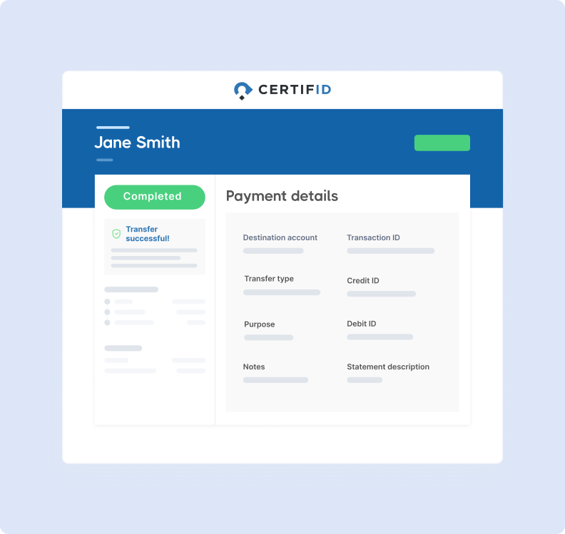 CertifID portal displaying a completed transfer for 'Jane Smith', marked by a green check and notification reading 'Transfer successful!' with sections for destination account, transaction ID, transfer type, and more.