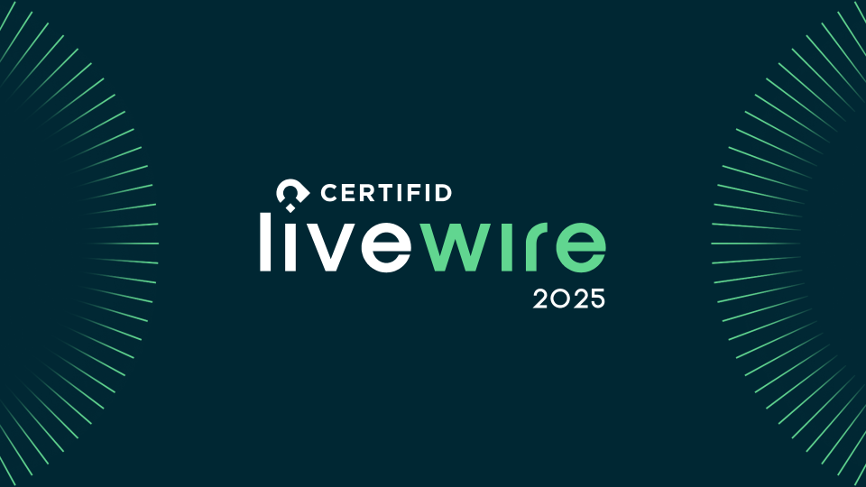 Dark blue background with "CERTIFID" in white above "livewire" in large white and green letters. "2025" is in smaller white text. Two green semi-circles on sides.