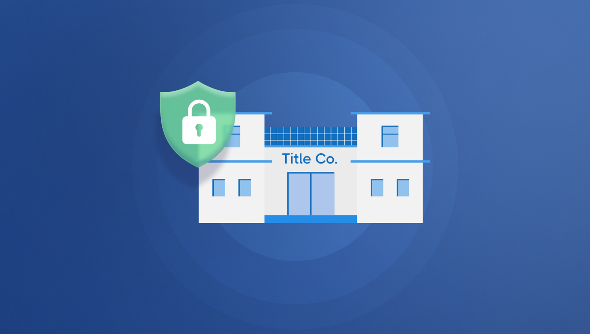 Illustration of a building labeled "Title Co." on a blue background, with a green shield and white padlock symbol in the front, conveying security.