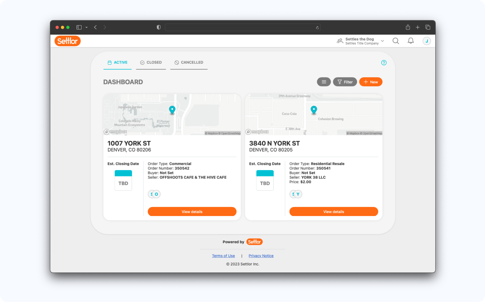 Dashboard interface of Settle software showing two entries for properties on York St, Denver. Includes details like order type and seller.
