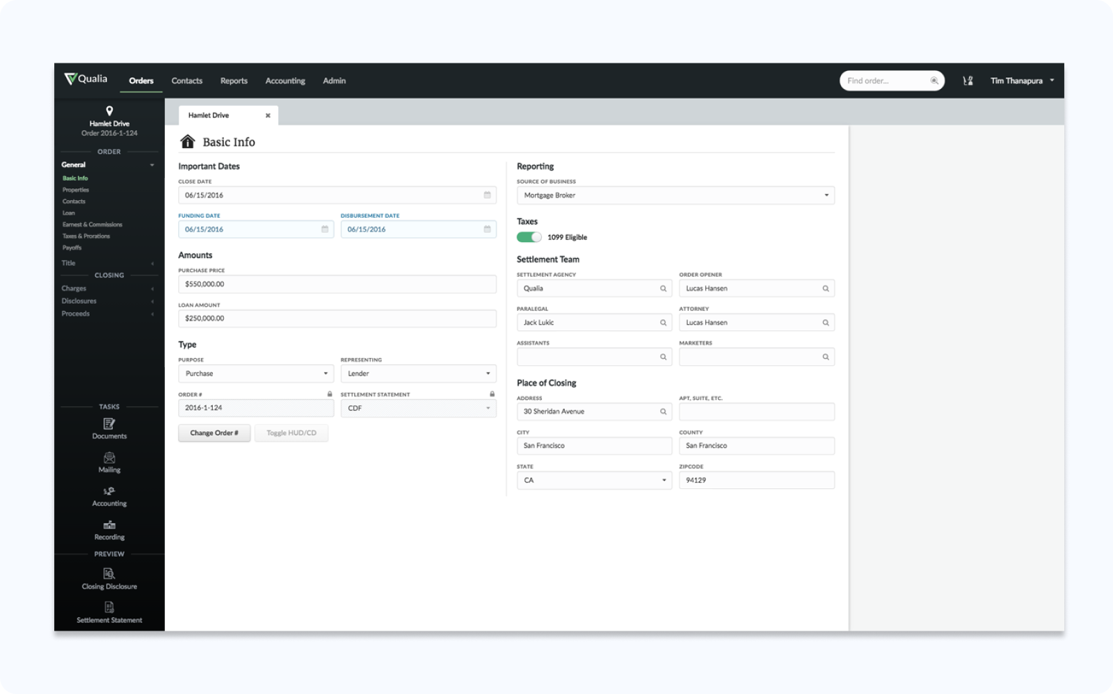 Screenshot of a Qualia software interface showing an order details page. It displays sections for important dates, amounts, taxes, and settlement team information. Simple and professional layout.