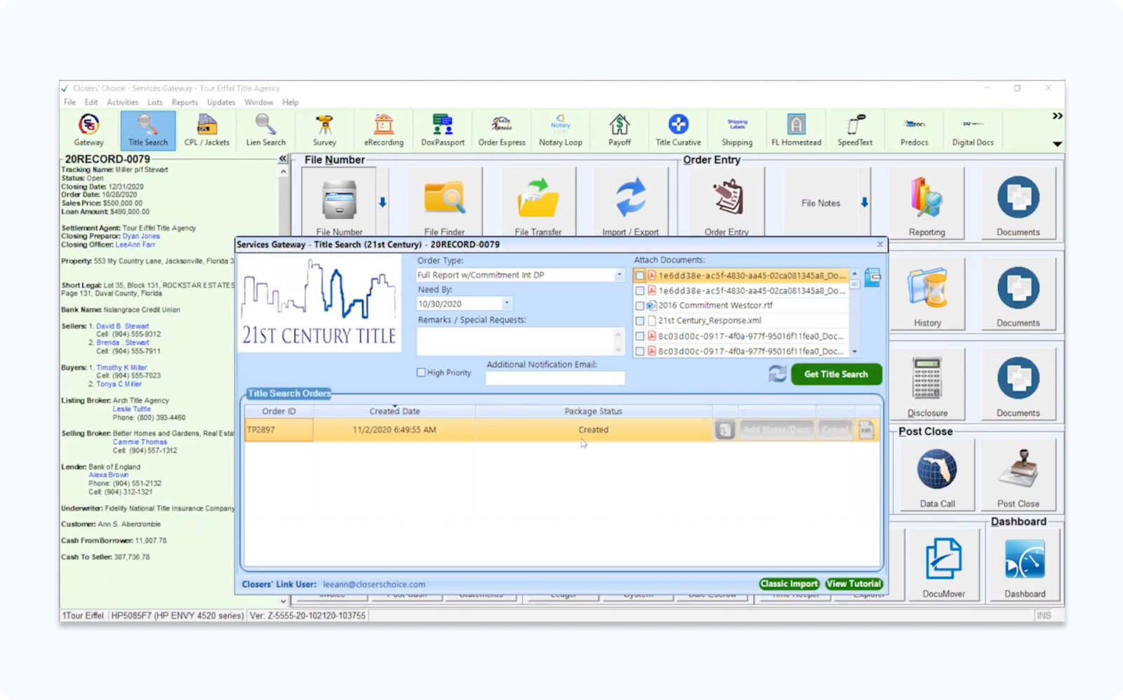 A software interface displaying a document management system. It features a sidebar with client information and a toolbar with icons for different tasks, such as title search, file transfer, and order entry. The central section shows a window for title search with options and document lists. 