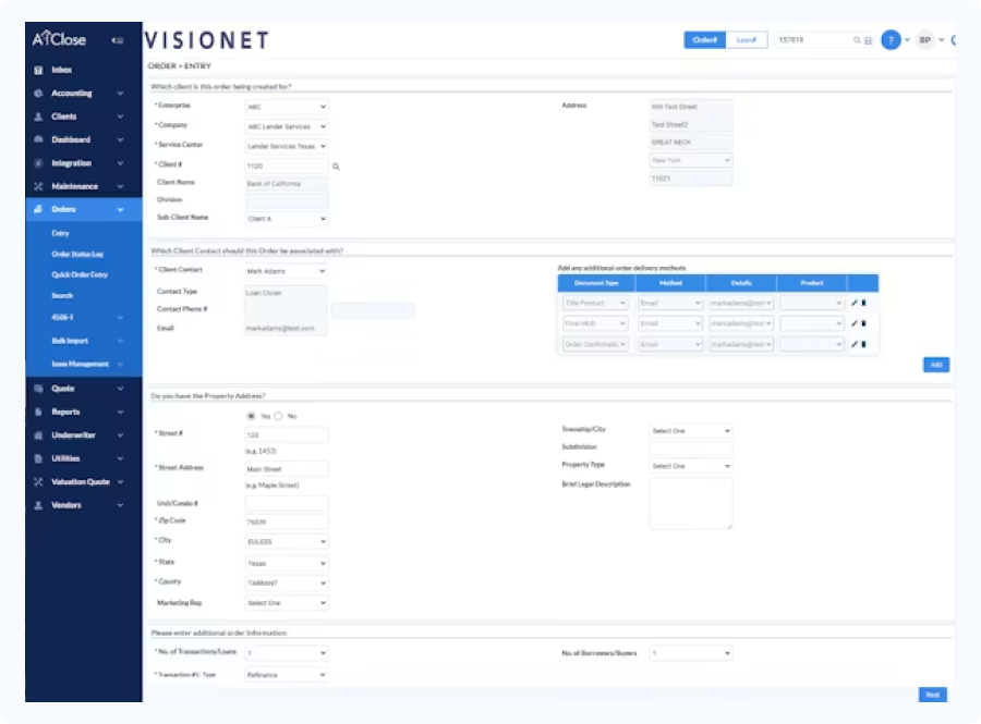 Visionet is displayed, showing multiple sections for client and property information entry. The left sidebar lists navigation options like 'Inbox,' 'Accounting,' and 'Orders.' The main form contains fields for company details, contact information, and property address, with dropdown menus and text boxes for input. The layout is clean and organized, suggesting a professional and efficient data management tool.