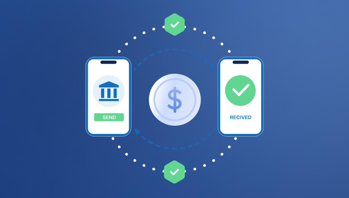 Two smartphones on a blue background illustrate a digital transaction. The left phone shows "Send" with a bank icon, and the right shows "Received" with a checkmark. A dollar sign coin is between them, connected by arrows and checkmarks, symbolizing successful wire transfer.