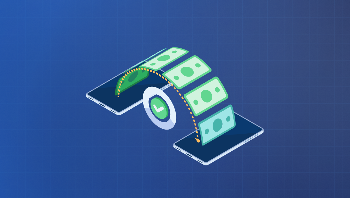 Illustration of money transfer showing dollar bills arcing between two smartphones on a blue grid background, symbolizing digital transactions.