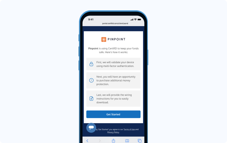 Mobile screen showing a Pinpoint app walkthrough. Steps include device validation, money protection offer, and wiring instructions.