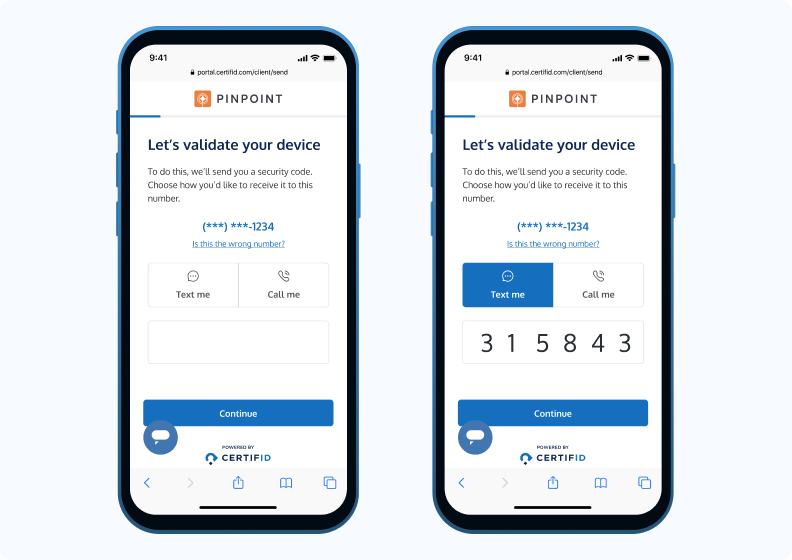 Two smartphone screens show a device validation process by Pinpoint. First screen prompts text or call selection; second displays a 6-digit code input.