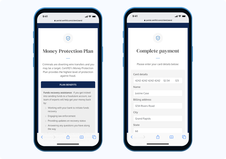 Two smartphone screens display a website. The left screen shows "Money Protection Plan" details, and the right screen has a "Complete payment" form.