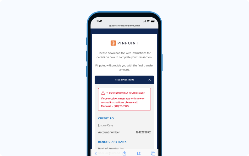 Mobile screen showing a banking app with instructions for wire transfers. Includes a warning about unverifiable changes and contact details for verification.