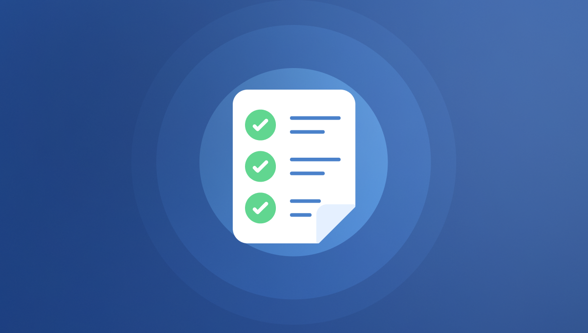 A circular icon on a blue background shows a white sheet with three green checkmarks, symbolizing a completed checklist or tasks. The tone is organized and positive.