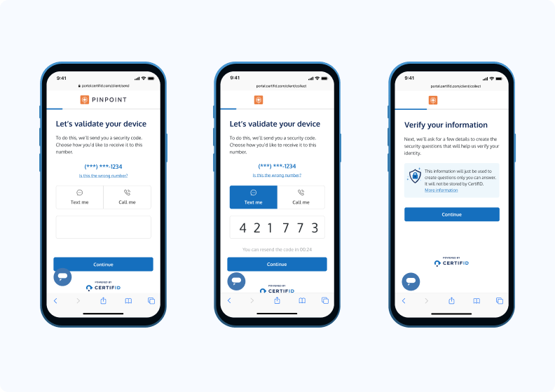 Three smartphone screens display a device validation process, showing text options, a security code entry, and a prompt to verify user information.