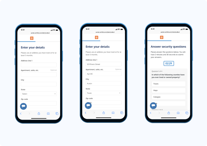 Three smartphones side by side show a form and security question, asking for address details and county lived in, with a timer displayed.