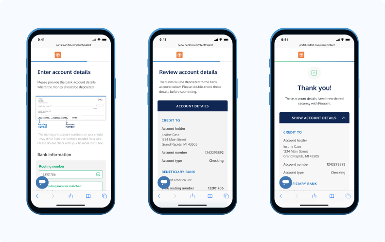 Three smartphone screens display a bank account setup process. The first screen shows entering account details, the second reviews them, and the third confirms success.