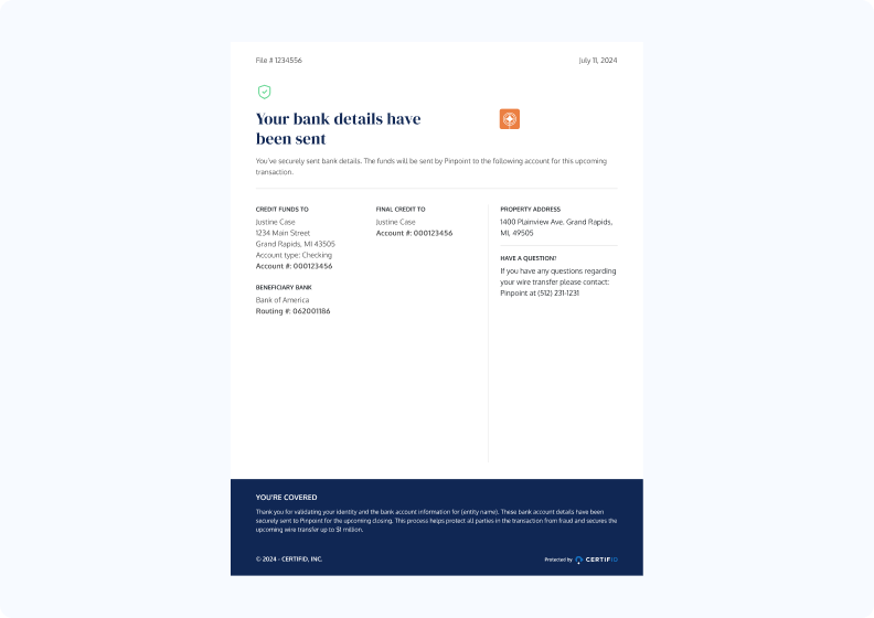 A transaction confirmation screen with the message "Your bank details have been sent" featured prominently. It includes credit details to a bank account, a beneficiary bank, and a property address. A contact number is provided for inquiries. The footer assures security for the transaction. 