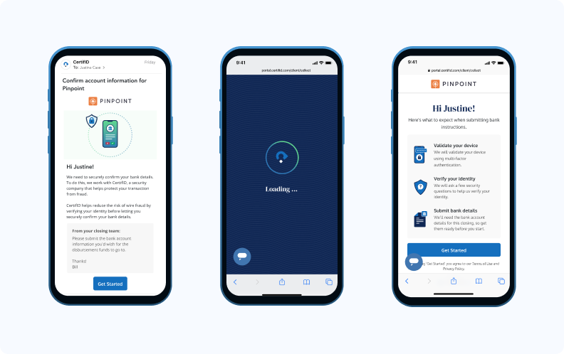 Three smartphone screens display app interfaces for verifying bank info. The left screen shows a welcome message, the middle shows a loading symbol, and the right offers instructions with icons.
