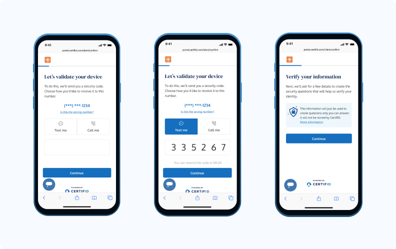 Three mobile screens display a security verification process with text inputs and options for text or call verification, followed by an information verification prompt.