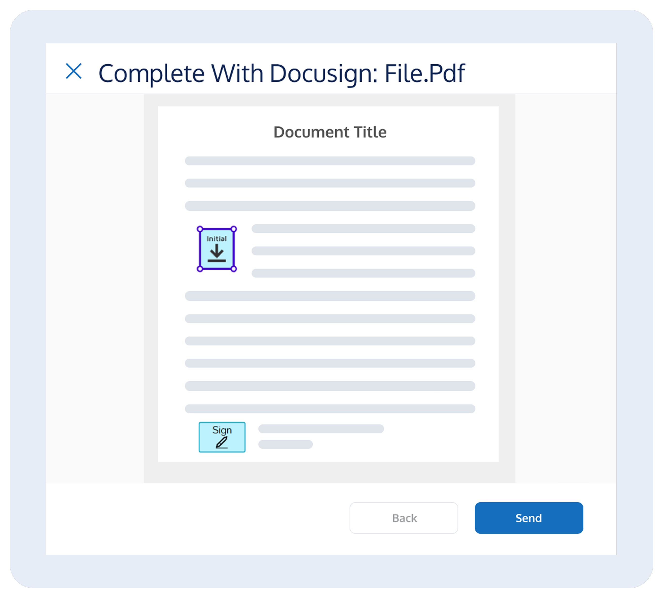 A digital document titled "Complete With Docusign" showing placeholders for initials and signature with "Send" and "Back" buttons below.