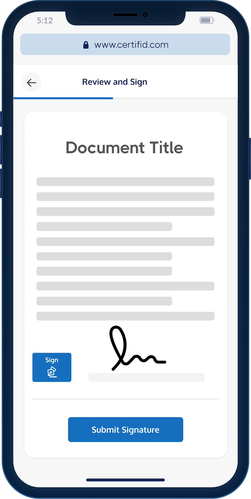 Mobile screen showing a digital signature page from a website form. Title reads "Document Title," with signature box and "Submit Signature" button visible.