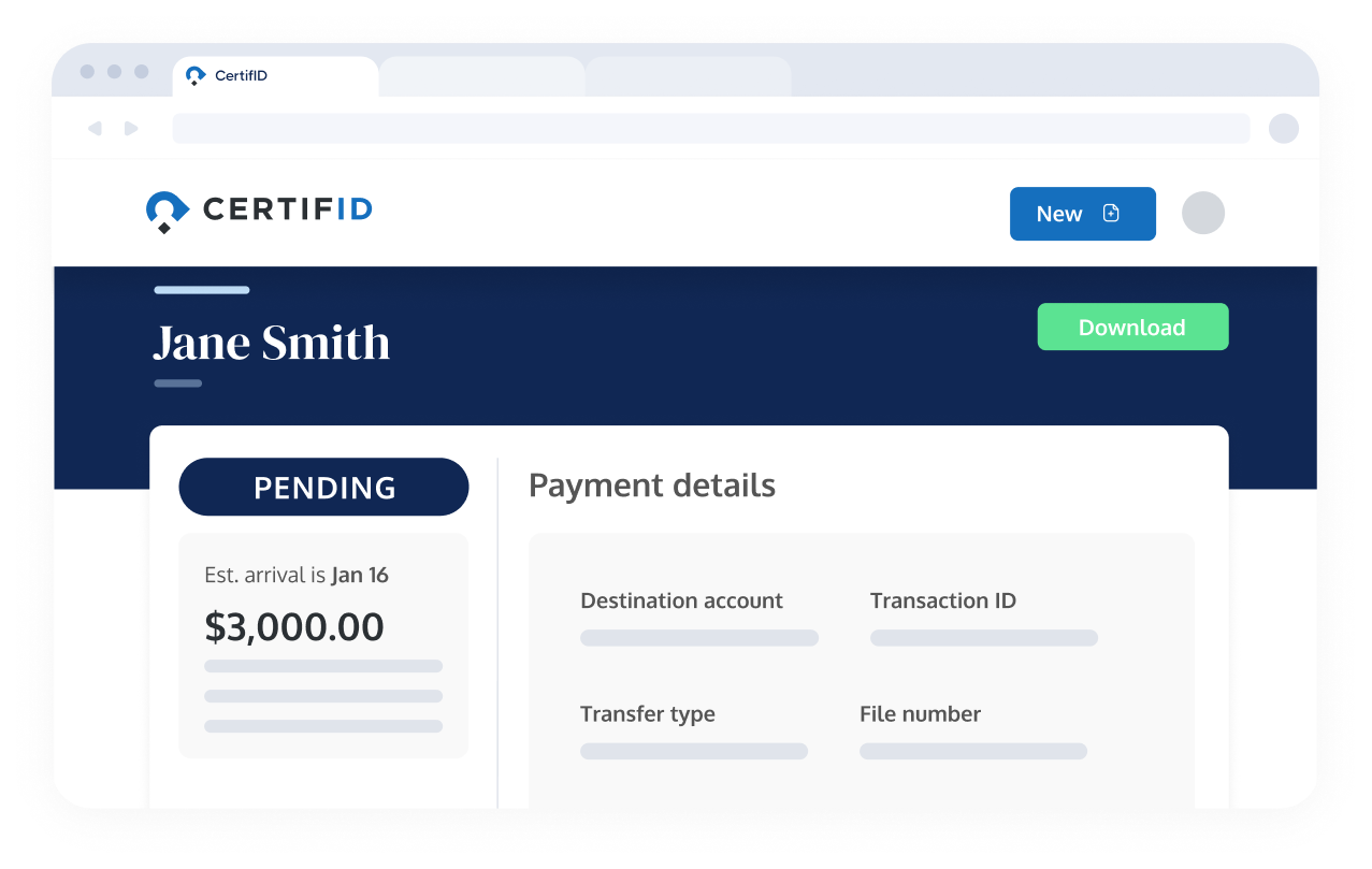 A CertifID transaction page shows Jane Smith's payment of $3,000, pending with an estimated arrival of Jan 16. Options include 'New' and 'Download.'