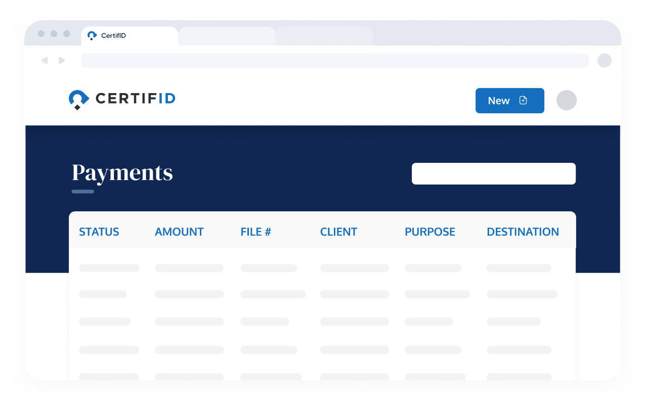 Web interface for 'CertifID' showing a payment dashboard. Blue header with 'New' button. Table columns: Status, Amount, File #, Client, Purpose, Destination.