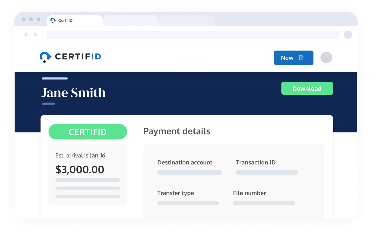 Screenshot of a financial transaction page for "Jane Smith" on CertifID. Shows a pending $3,000 payment arriving Jan 16, with payment details section.