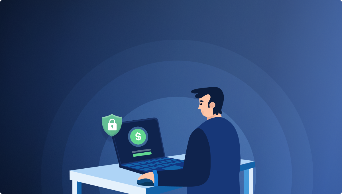 A person in a suit sits at a desk using a laptop. A lock icon and dollar symbol on the screen suggest financial security. The blue background conveys a calm, secure atmosphere.