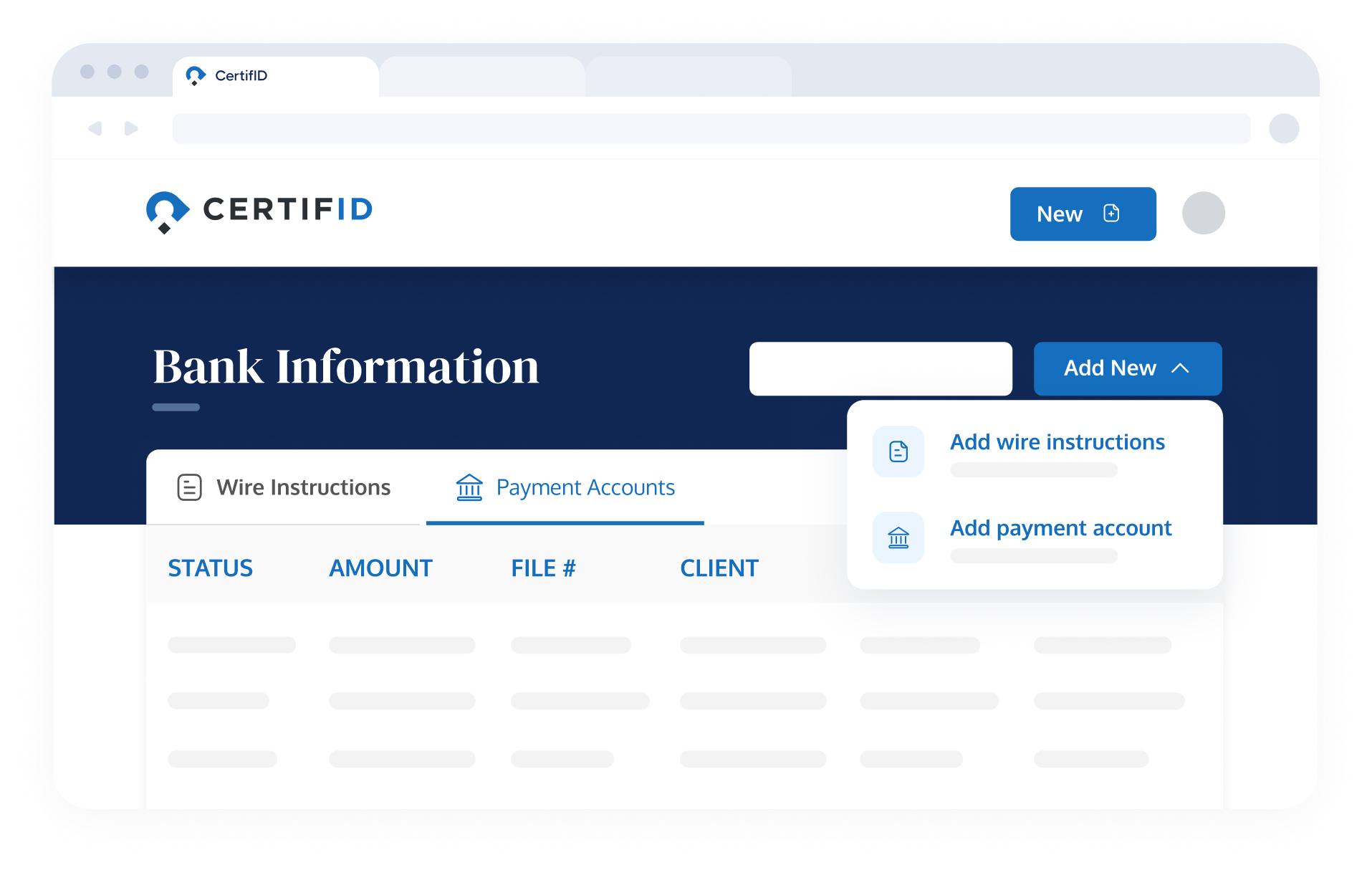 Web interface showing a "Bank Information" page with tabs for "Wire Instructions" and "Payment Accounts." Dropdown menu lists options to add instructions or payment accounts.