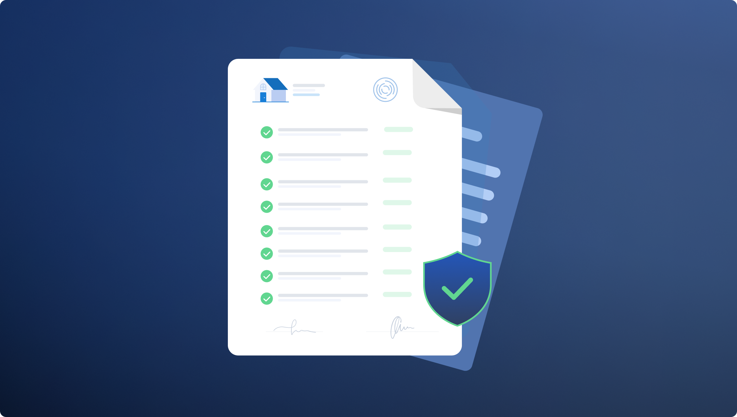 Illustration of a checklist with green checkmarks on each line, a blue shield with a checkmark, and a stylized house logo. Background is dark blue.