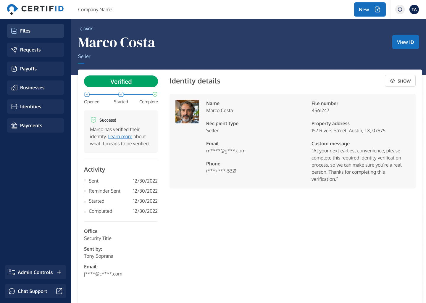 CertifID dashboard displaying a verified identity for Marco Costa, a seller. Details include contact info, file number, and activity log in a professional, user-friendly interface.