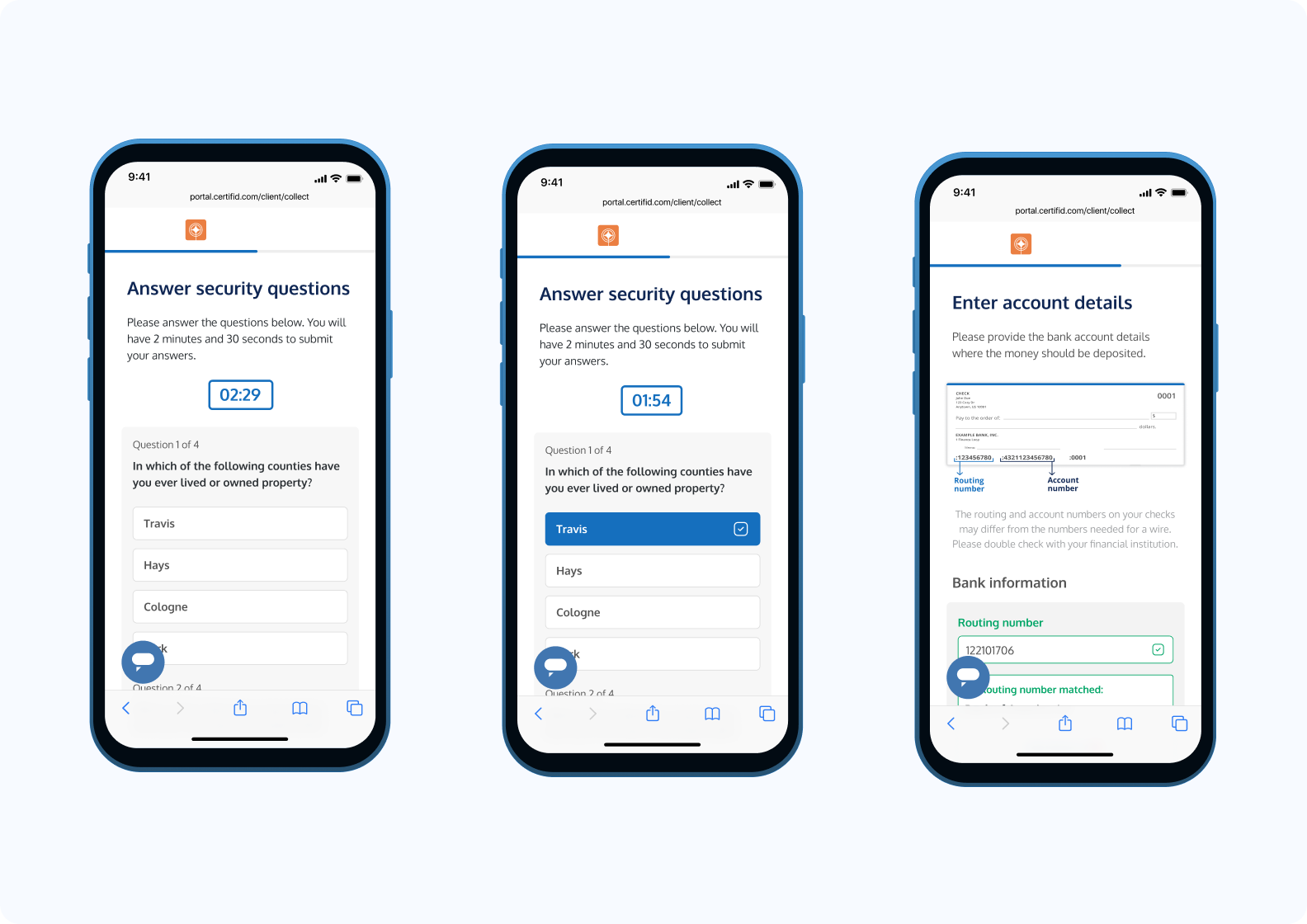 Three smartphone screens display security and account detail forms. Two screens show answer selections and timers, while the third shows bank info entry.