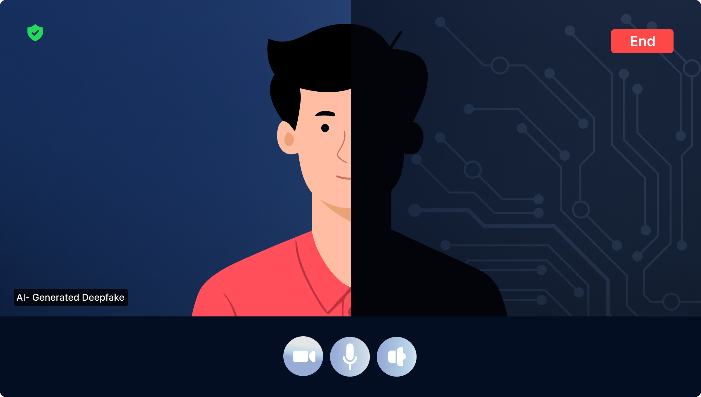 Illustration of a split face; left is a human with a red shirt, right is dark, circuit-like. Top labels: "AI-Generated Deepfake" and an "End" button.