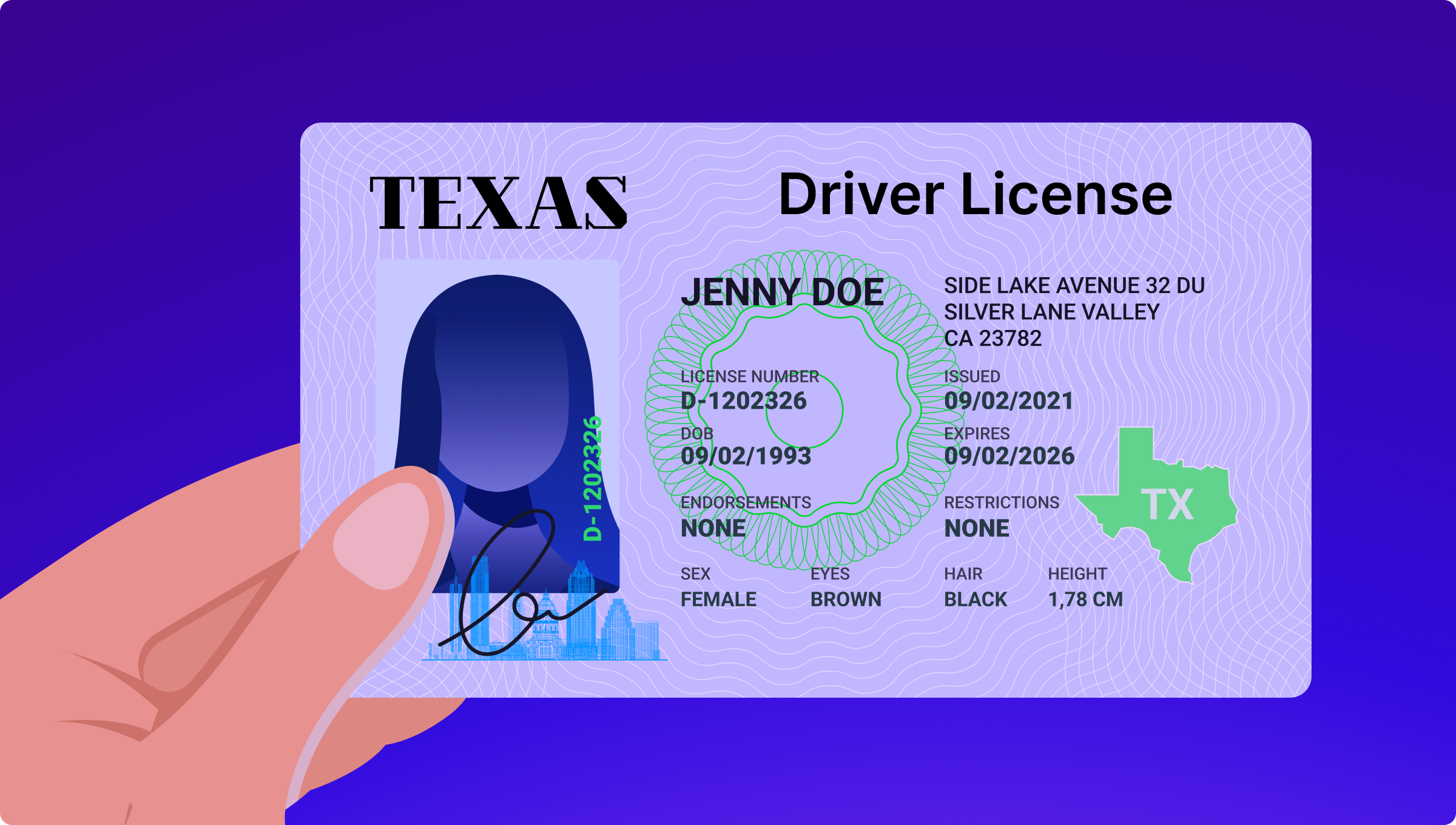 A hand holds a Texas driver license with a placeholder silhouette photo. The card includes identification details and has a blue and purple gradient background.