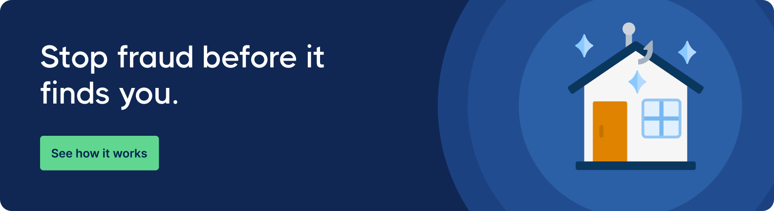 Graphic with dark blue background, features text 'Stop fraud before it finds you.' A sparkling house icon is on the right. Button reads 'See how it works.'