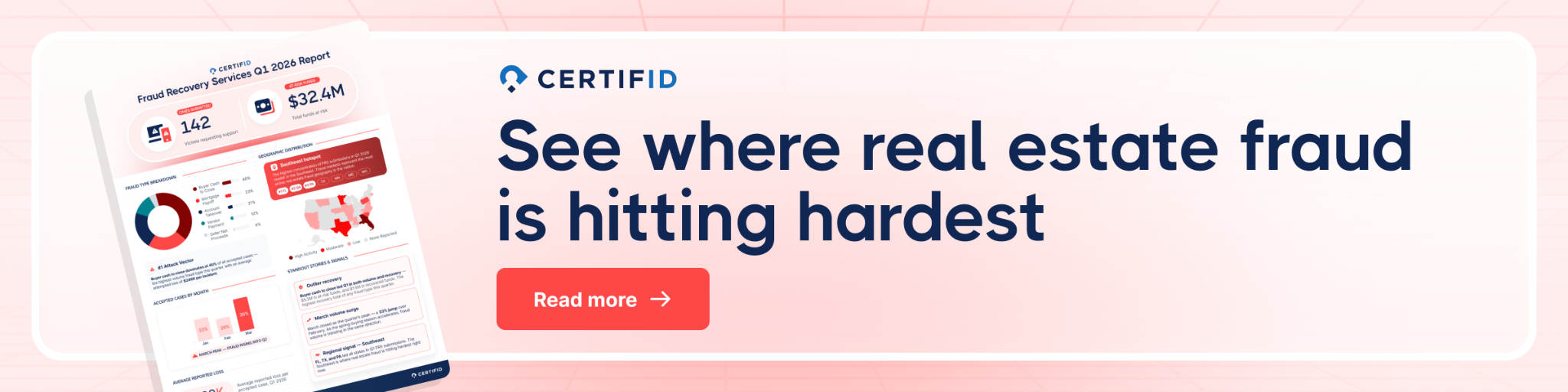 Banner advertising a report on real estate fraud by Certifid, with a heading "See where real estate fraud is hitting hardest" and a "Read more" button.