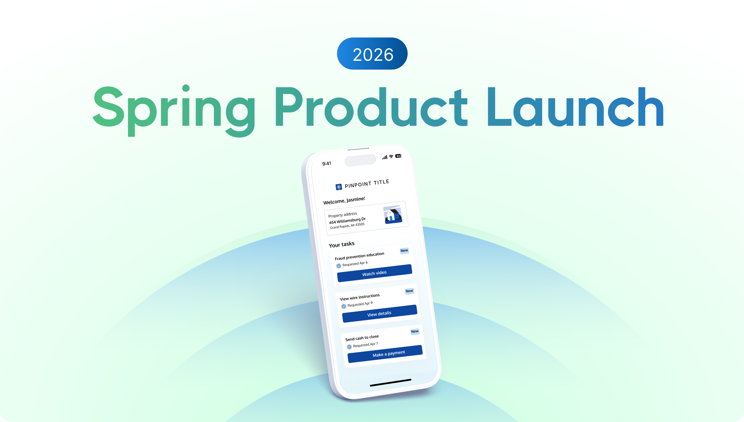 2026 Spring Product Launch banner with a smartphone displaying a to-do app interface. Background features a soft gradient in green and blue hues.