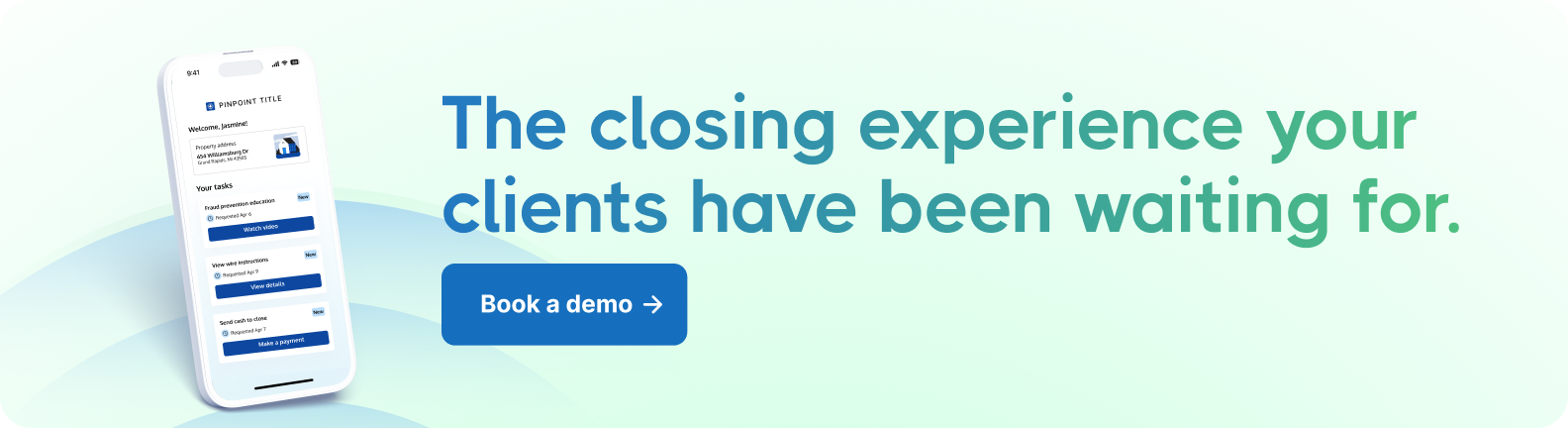 Banner with a smartphone displaying a real estate app screen. Text reads, 'The closing experience your clients have been waiting for.' A 'Book a demo' button is below."