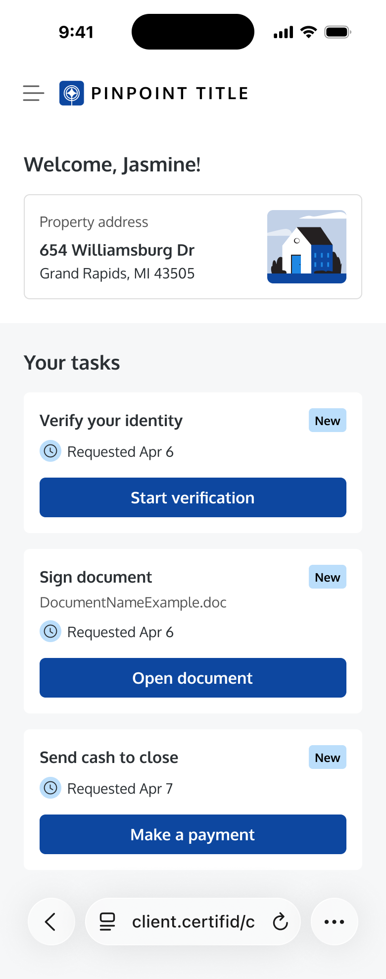 Mobile app screen from Pinpoint Title showing tasks for user Jasmine. Includes property address and tasks like identity verification and document signing.