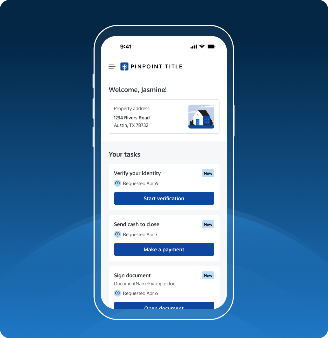 CertifID Mobile app interface displaying tasks for a user named Jasmine. Tasks include identity verification, making a payment, and signing a document.