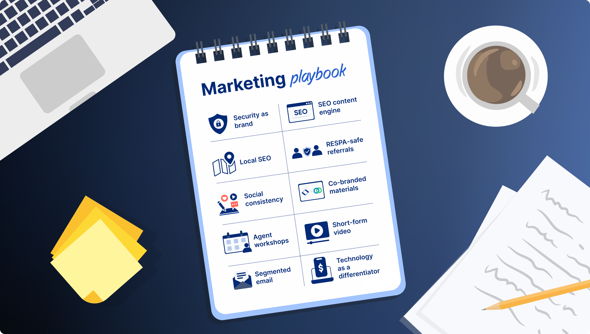 A marketing playbook on a desk with a laptop, sticky notes, coffee cup, and papers. Contains strategies like SEO, local SEO, and short-form video.