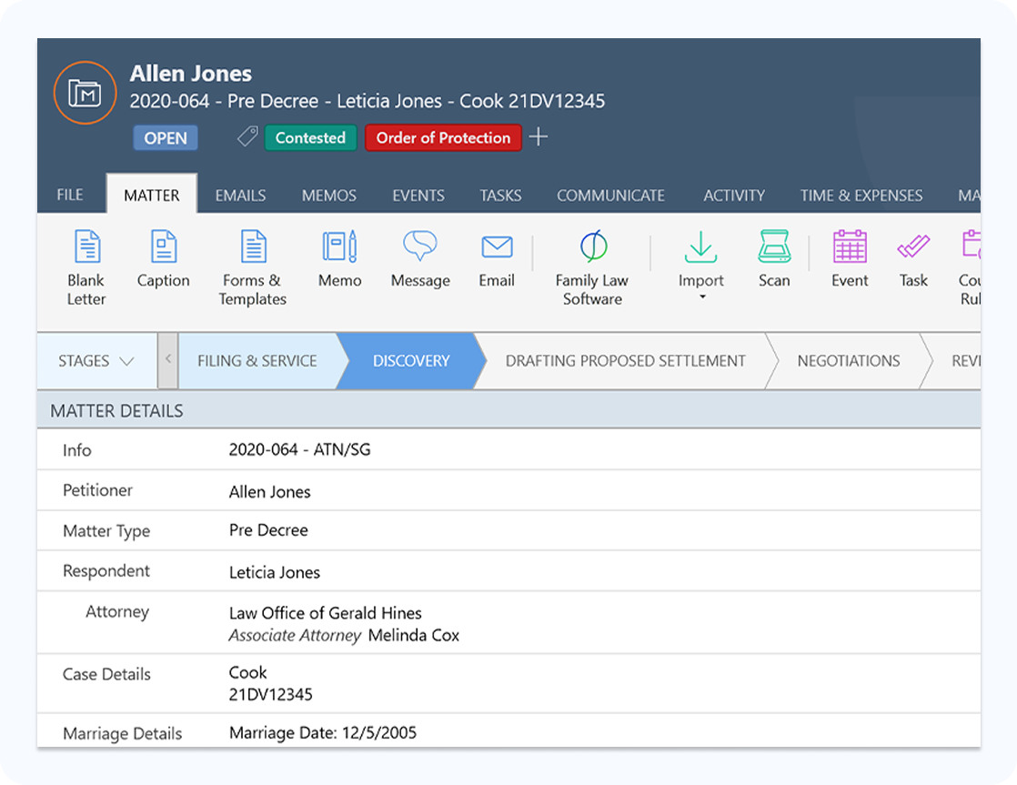 Law firm case management software showing matter details for a family law case with document management and workflow stages